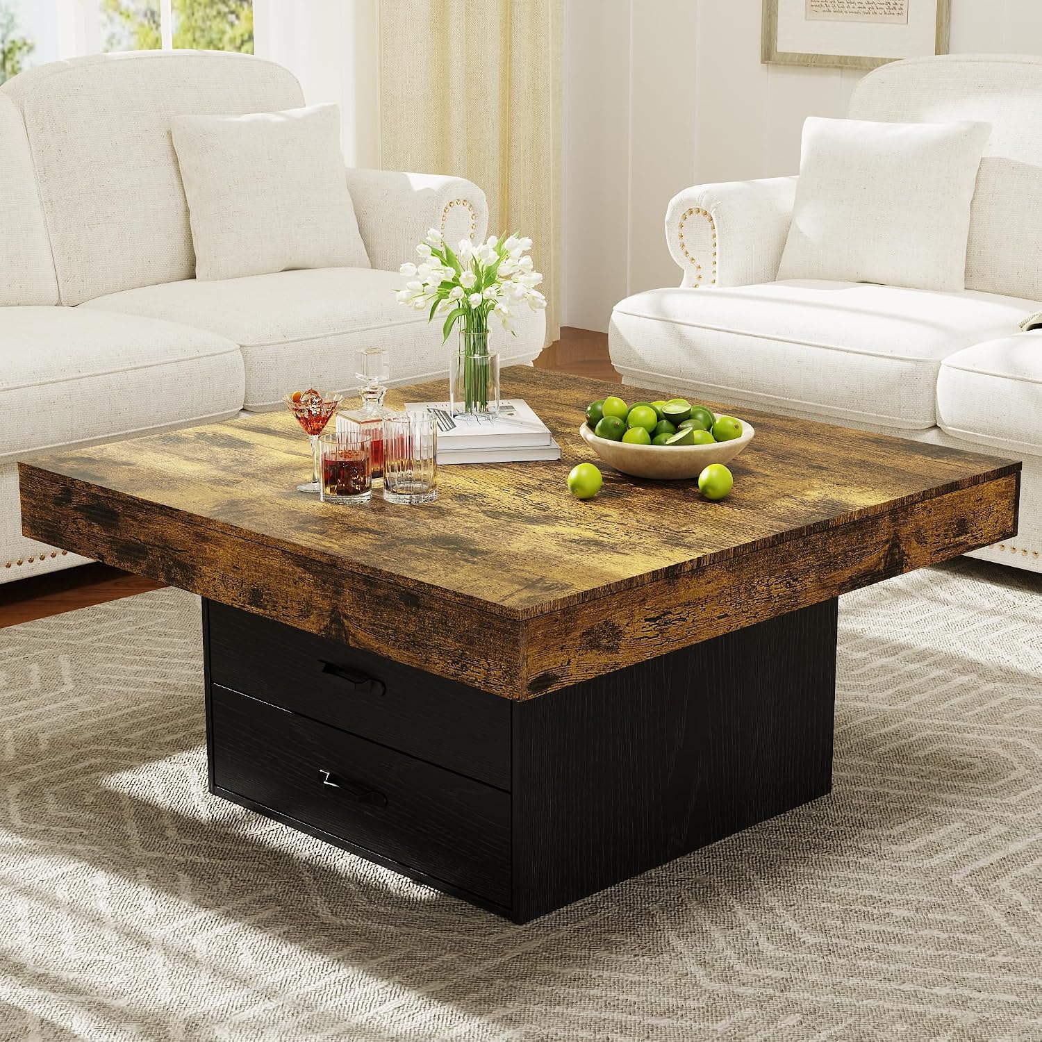 Square Coffee Table with LED Lights, 35.4' Coffee Tables for Living Room, Engineered Wood Modern Center Table with 2 Drawers for Home, Office (Black)