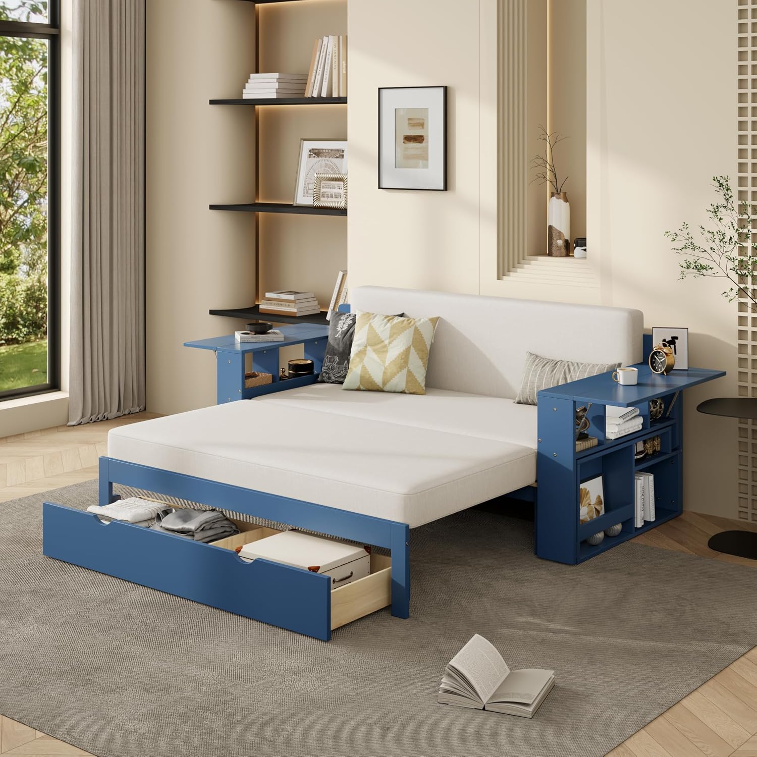 Wood Daybed Full Size with Removable Desk and Extendable Armrests, 4-in-1 Multifunctional Design Daybed Sofa Bed with Storage Drawers & Hydraulic Side Table (Blue-11.27, Full)