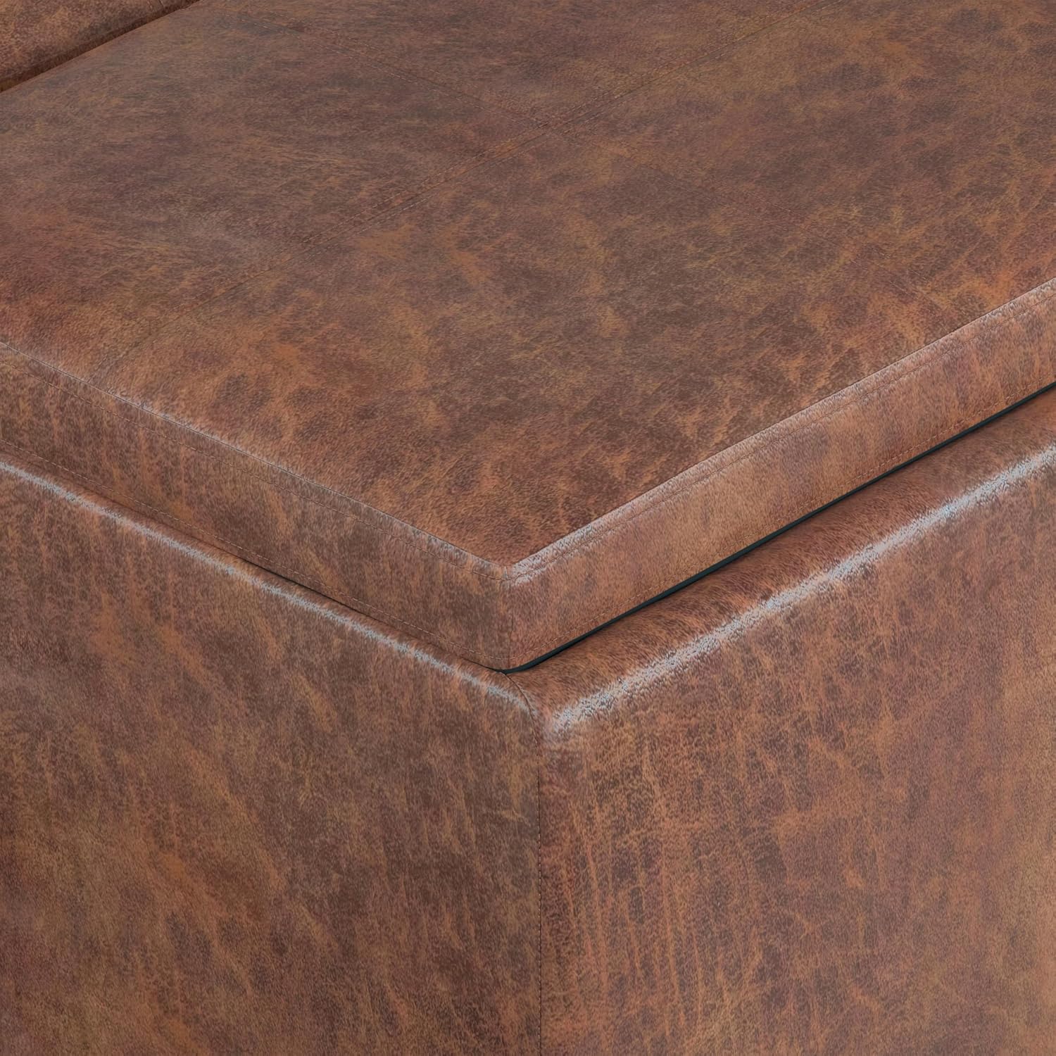 SIMPLIHOME Avalon Storage Ottoman - 42 inch Wide Upholstered Vegan Leather Rectangular Flip-Top Ottoman in Distressed Saddle Brown, Contemporary Coffee Table Ottoman for Living Room with Storage