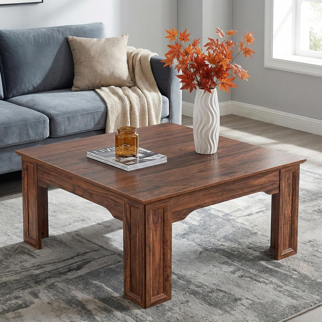 Square Coffee Table for Living Room, 39.4'' Farmhouse Wood Grain Finish Coffee Table with Carved Legs, Rustic Simple Style Center Table, Easy Assembly, Walnut Wood