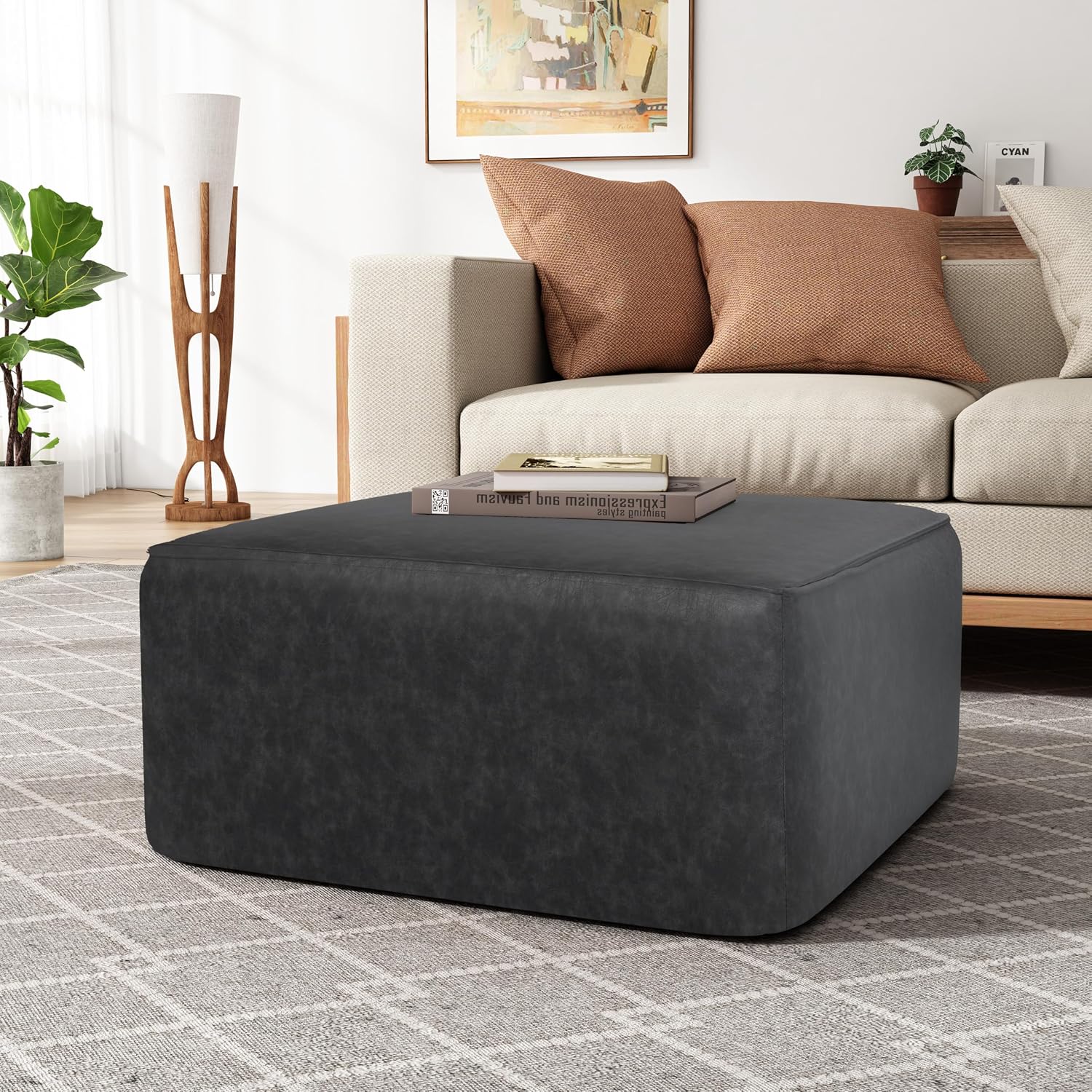 Christopher Knight Home Ellis Faux Leather Ottoman Footstool, Square Pouf Poufee Footrest Ottoman Large Seat, Modern Side Table for Living Room Bedroom Home Decor Gifts, Black