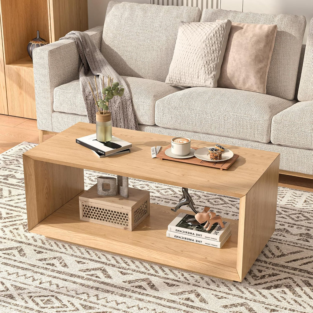 Coffee Table with Storage, Mid Century Modern, Rectangle Cocktail Tea Table, Farmhouse Wood Coffee Table for Living Room, Home Office (Natural Oak)