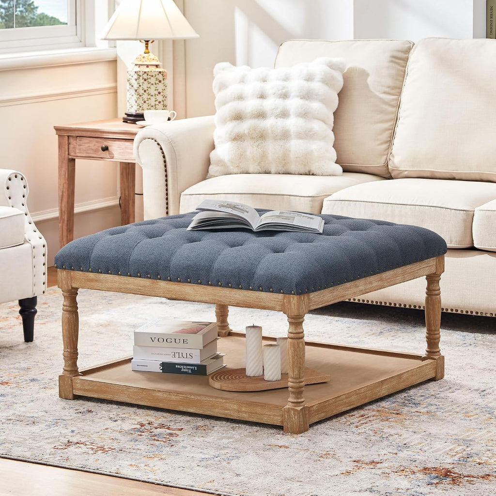 HUIMO 33-inch Large Square Ottoman Coffee Tables for Living Room, Tufted Upholstered Linen Ottoman with Storage Shelf and Solid Legs for Office Bedroom Farmhouse (Navy Blue)