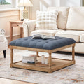 HUIMO 33-inch Large Square Ottoman Coffee Tables for Living Room, Tufted Upholstered Linen Ottoman with Storage Shelf and Solid Legs for Office Bedroom Farmhouse (Navy Blue)