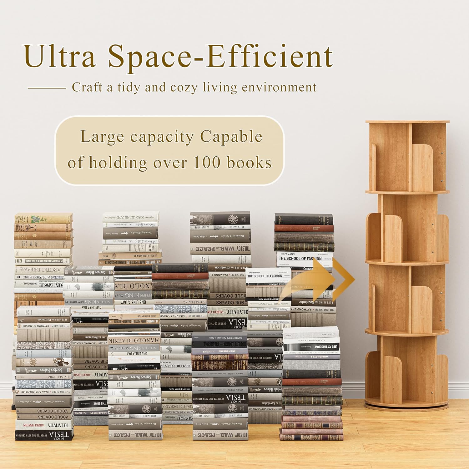 VDNEND Wooden 4 Tier Rotating Bookshelf, Spinning Bookshelf Tower,Modern Revolving Small Bookcase for Corner,Living Room,Bedroom (Natural Oak, 4-Tier)
