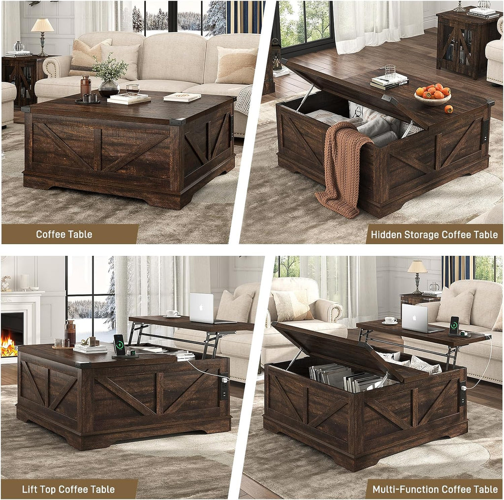 Hlivelood 40' Large Farmhouse Lift Top Coffee Table with Power Outlets and Large Hidden Storage, Square Wood Living Room Tables, Multi-Function Lift Wooden Barn Door Center Table, Brown