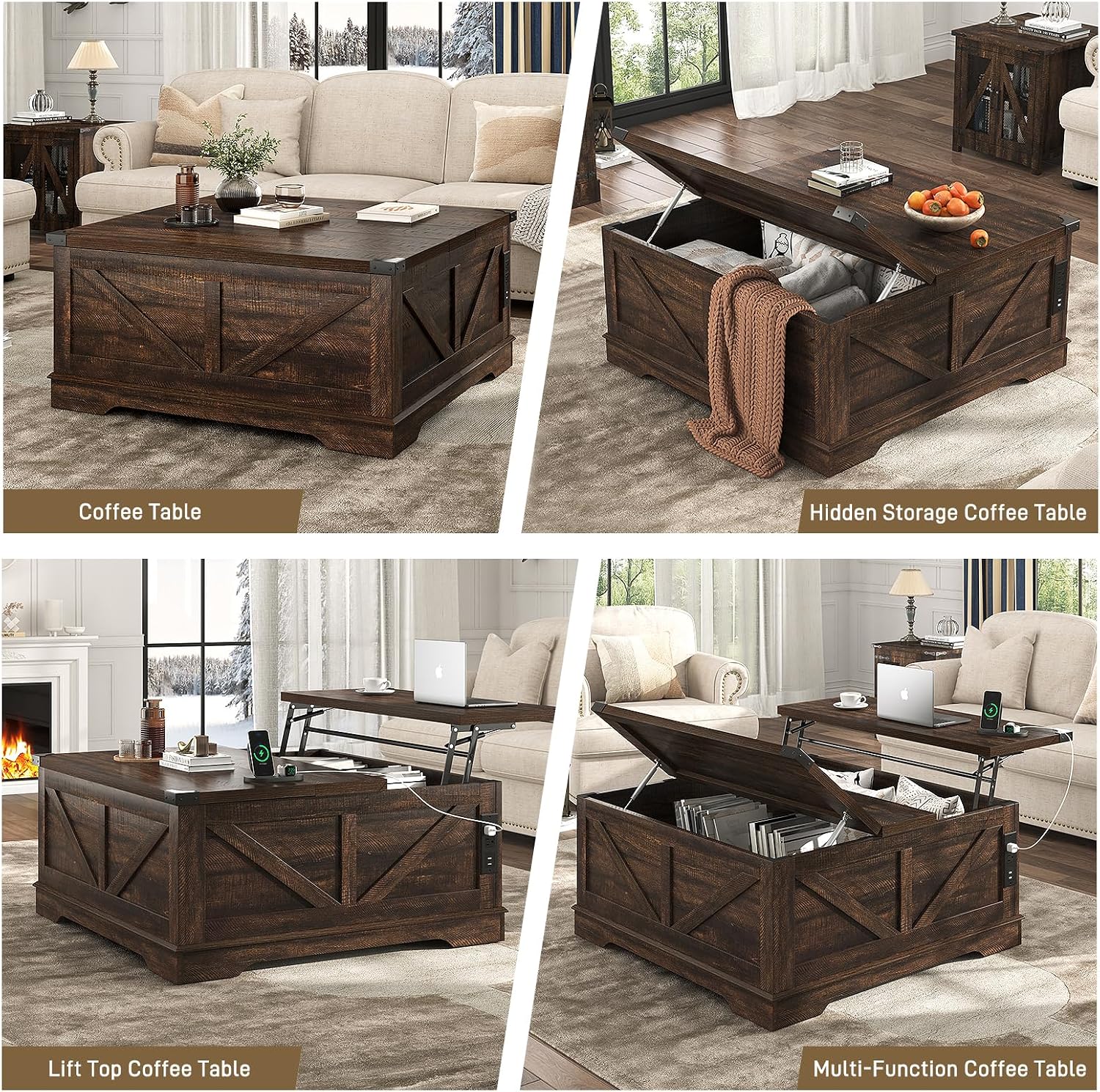 Hlivelood 40' Large Farmhouse Lift Top Coffee Table with Power Outlets and Large Hidden Storage, Square Wood Living Room Tables, Multi-Function Lift Wooden Barn Door Center Table, Brown