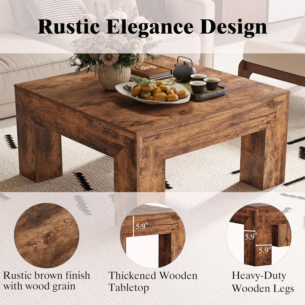 LUMTOK Wooden Square Coffee Table,35.5 inch Farmhouse Low Cocktail with Thick Base for Living Room (Rustic Brown)