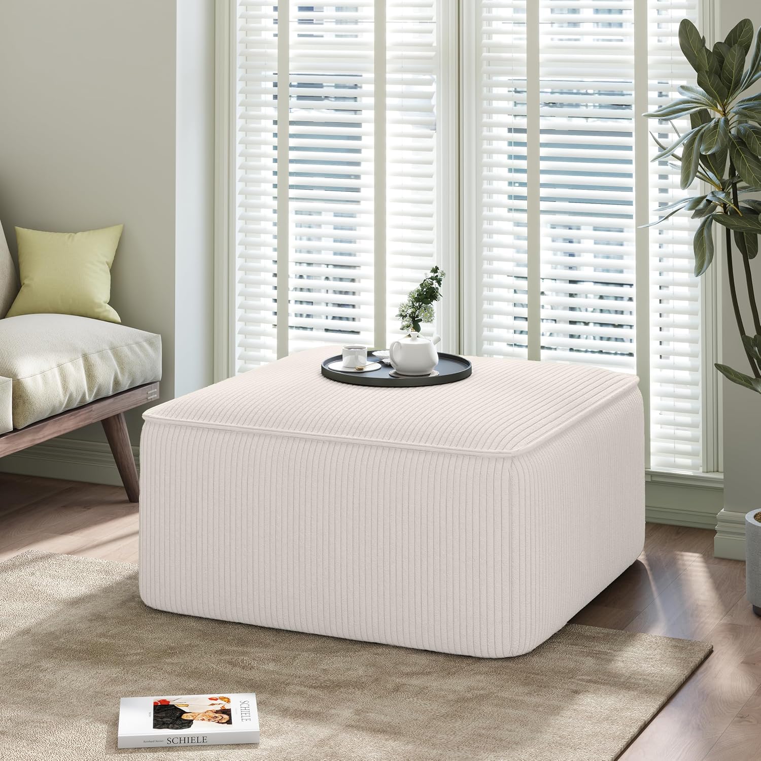 Christopher Knight Home Isa Square Ottoman Footstool, Corduroy Pouf Poufee Footrest Ottoman Large Seat, Modern Side Table for Living Room Bedroom Home Decor, Beige, 30'
