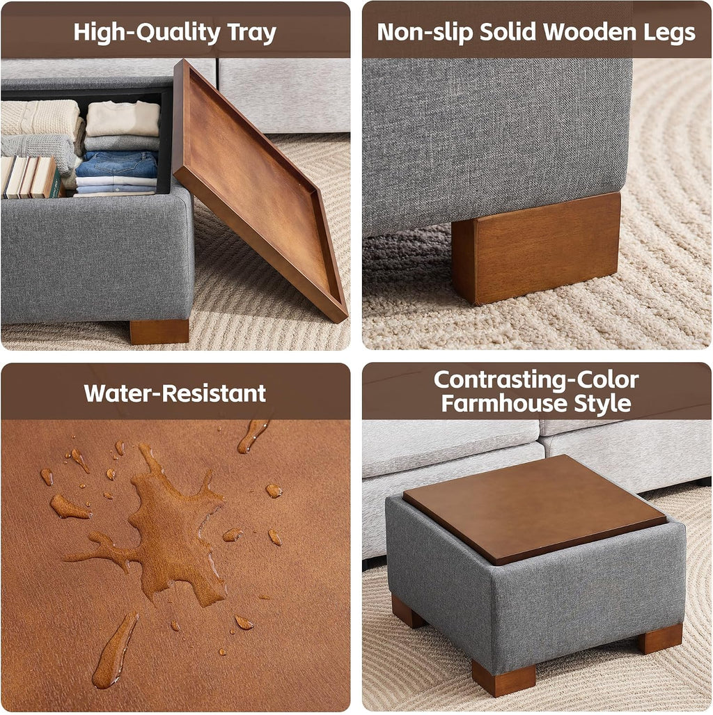 WUTUTUEE 24' Square Ottoman Coffee Table with Storage, Fabric Ottomans with Tray and Solid Wood Legs for Living Room, Bedroom and Apartments, Small Modern Ottoman Tea Table with Lift-Off Lid, Grey