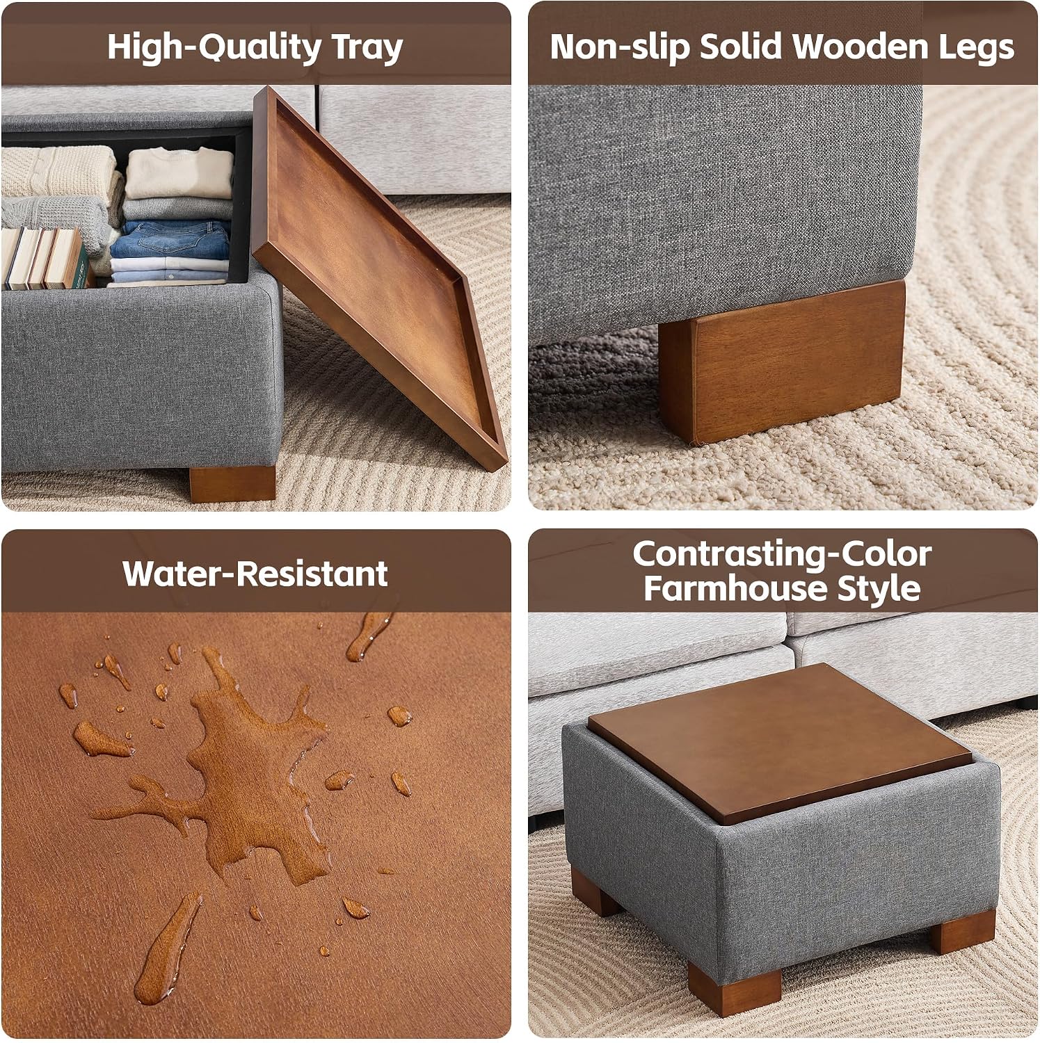 WUTUTUEE 24' Square Ottoman Coffee Table with Storage, Fabric Ottomans with Tray and Solid Wood Legs for Living Room, Bedroom and Apartments, Small Modern Ottoman Tea Table with Lift-Off Lid, Grey