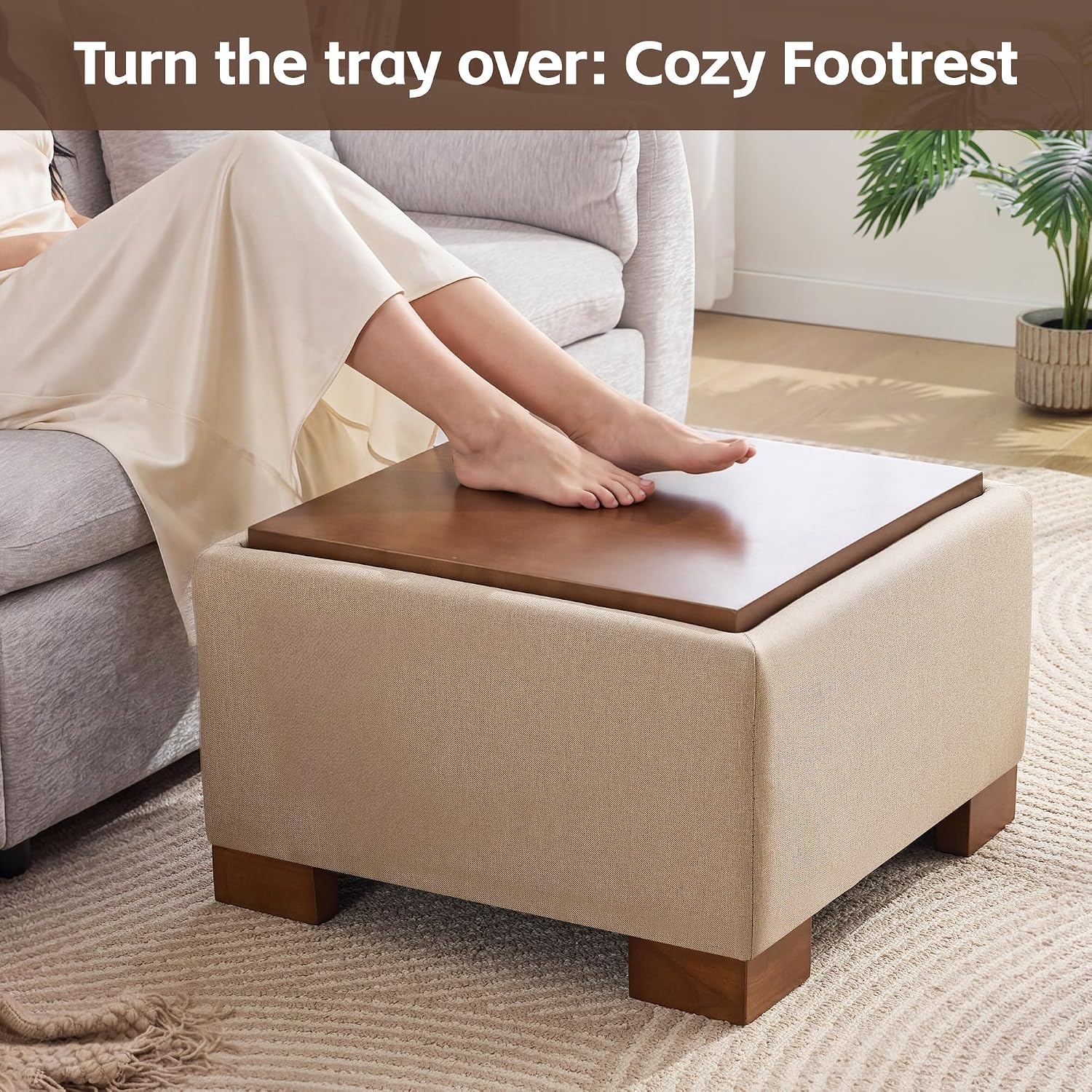 WUTUTUEE 24' Square Ottoman Coffee Table with Storage, Fabric Ottomans with Tray and Solid Wood Legs for Living Room, Bedroom and Apartments, Small Modern Ottoman Tea Table with Lift-Off Lid, Khaki