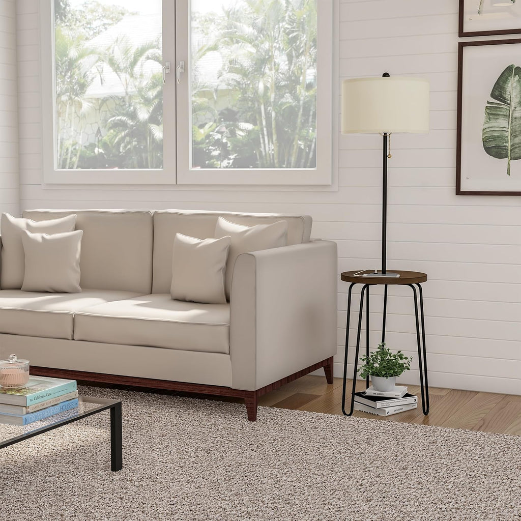 Floor Lamp with Table - Mid-Century Modern Nightstand or Side Table with USB Port and Hairpin Legs - Standing Light with Shelves by Lavish Home