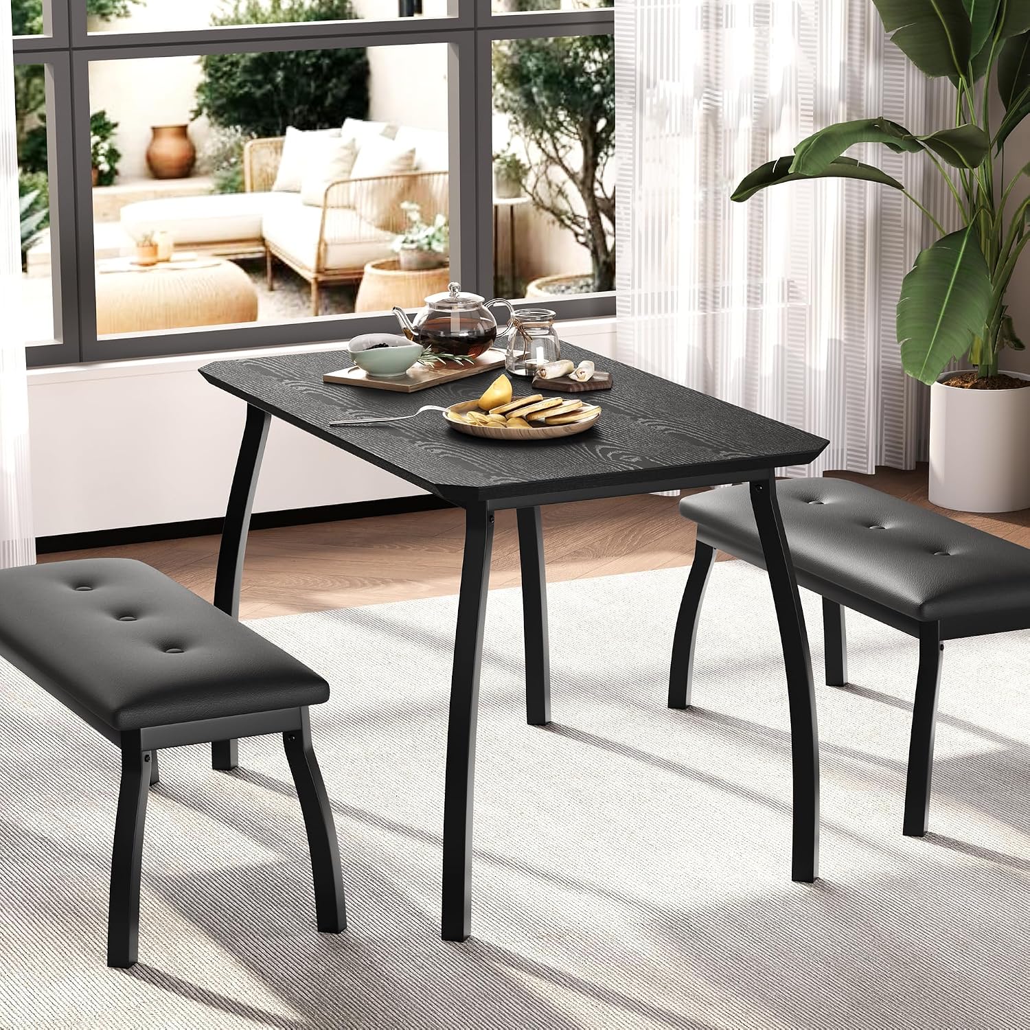 Dining Table for 4, 3-Piece Kitchen Table Set for 4 with Wooden Tabletop and Metal Frame, Industrial Kitchen Table with 2 PU Leather Benches for Bar, Dining Room, Restaurant(43''x28''x30''), Black