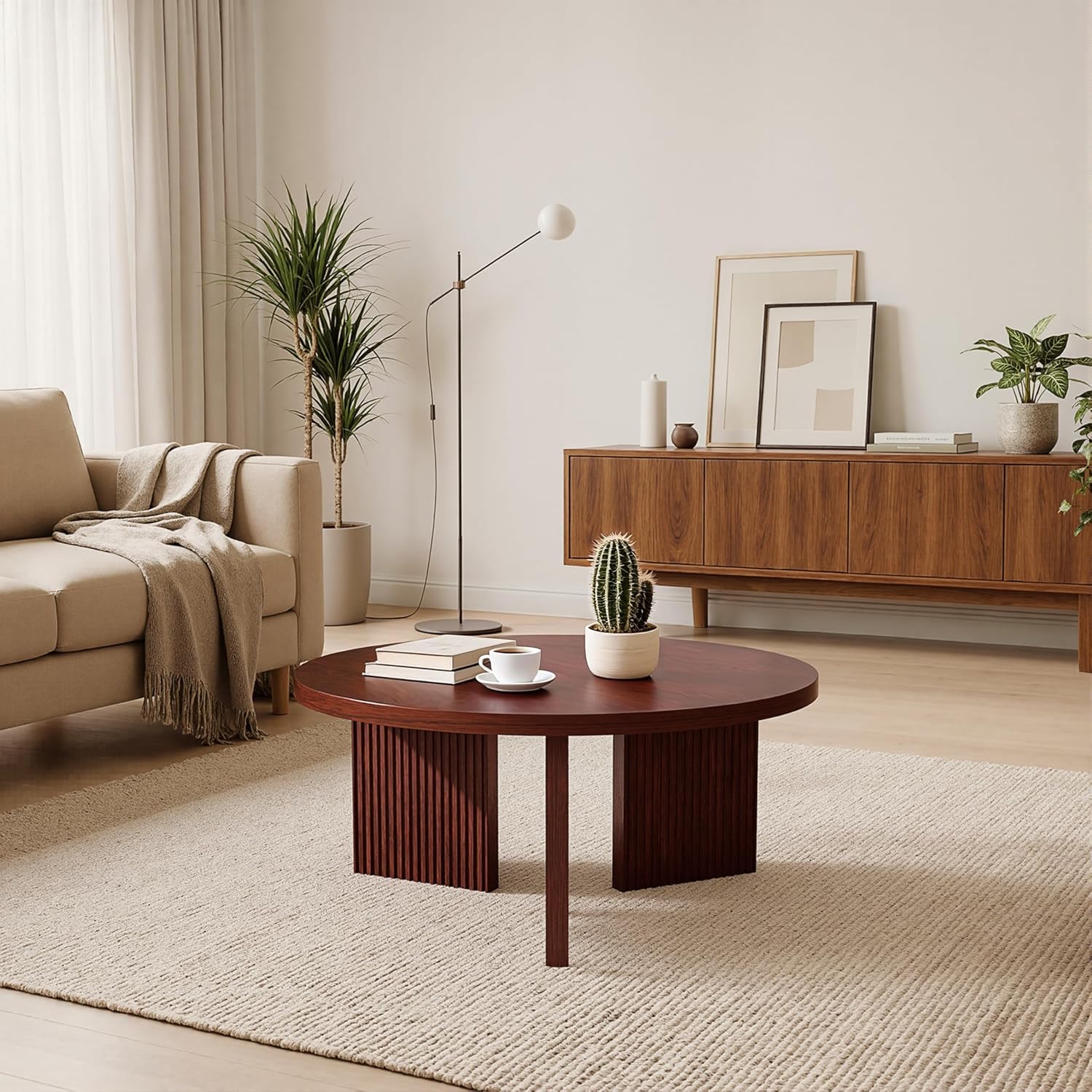 Wooden Round Coffee Table, 35' Coffee Table with Smooth Thick Mesa, Low Circle Center Table with X Shaped Stable Legs, Accent Tea Table for Living Room, Office, Burgundy