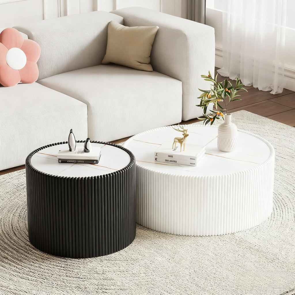 Round Coffee Table Set with Sintered Stone Tabletop, 29.52' White Drum Center Table and 17.71' Black Coffee Table Set, 2 Pieces Living Room Table Set with Fluted PU Leather Cover& Stable Base
