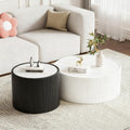 Round Coffee Table Set with Sintered Stone Tabletop, 29.52' White Drum Center Table and 17.71' Black Coffee Table Set, 2 Pieces Living Room Table Set with Fluted PU Leather Cover& Stable Base
