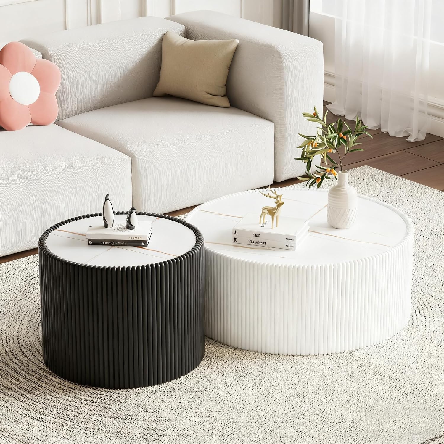 Round Coffee Table Set with Sintered Stone Tabletop, 29.52' White Drum Center Table and 17.71' Black Coffee Table Set, 2 Pieces Living Room Table Set with Fluted PU Leather Cover& Stable Base