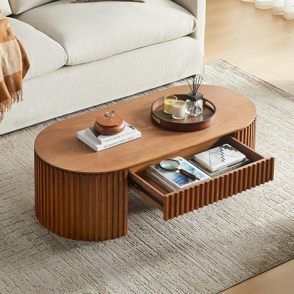 JUSTONE 51.18'' Brown Oval Wood Coffee Table with Drawer, Farmhouse Wood Coffee Table for Living Room,Apartment(Brown)