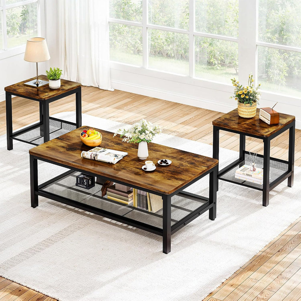 Recaceik 3-Piece Living Room Coffee Table Set, Industrial Coffee Table with 2 Square End Side Tables, Modern Living Room Table Set with Metal Frame for Apartment Home Office (Rustic Brown)