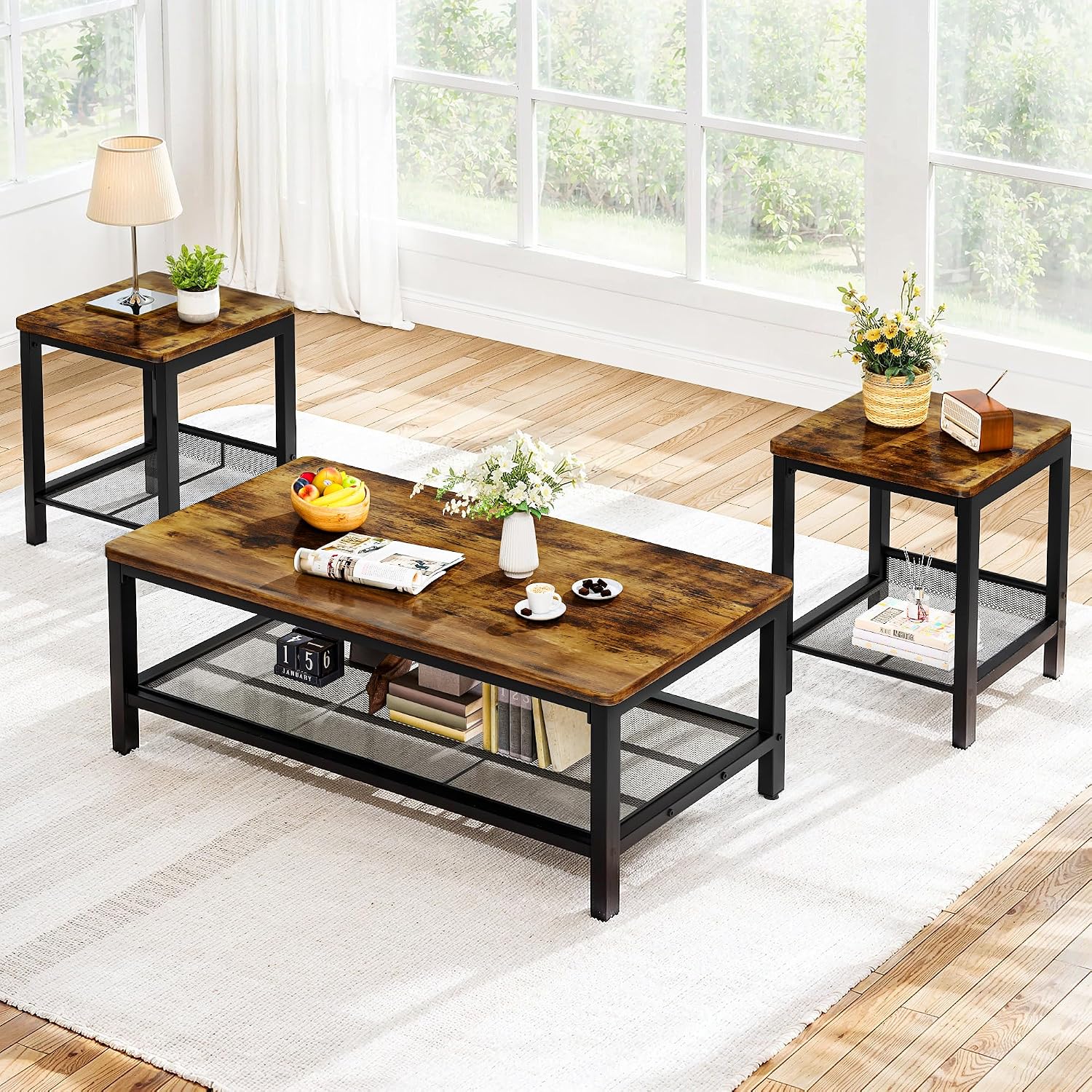 Recaceik 3-Piece Living Room Coffee Table Set, Industrial Coffee Table with 2 Square End Side Tables, Modern Living Room Table Set with Metal Frame for Apartment Home Office (Rustic Brown)