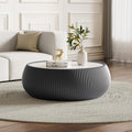 Grey Round Coffee Table with Sintered Stone Tabletop, 27.55' Drum Coffee Table with Fluted PU Leather Covered and Stable Base, Circle Cocktail Tea Table for Living Room