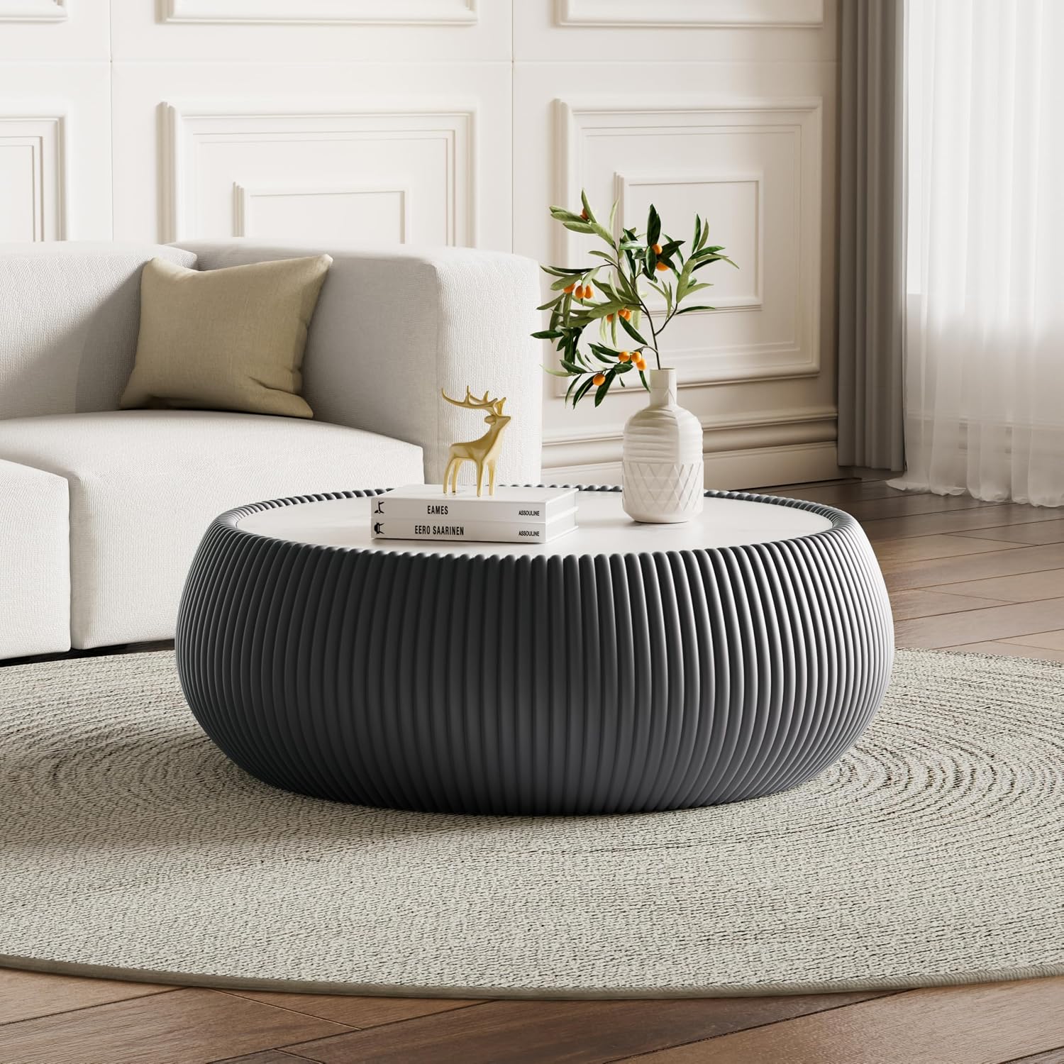 Grey Round Coffee Table with Sintered Stone Tabletop, 27.55' Drum Coffee Table with Fluted PU Leather Covered and Stable Base, Circle Cocktail Tea Table for Living Room