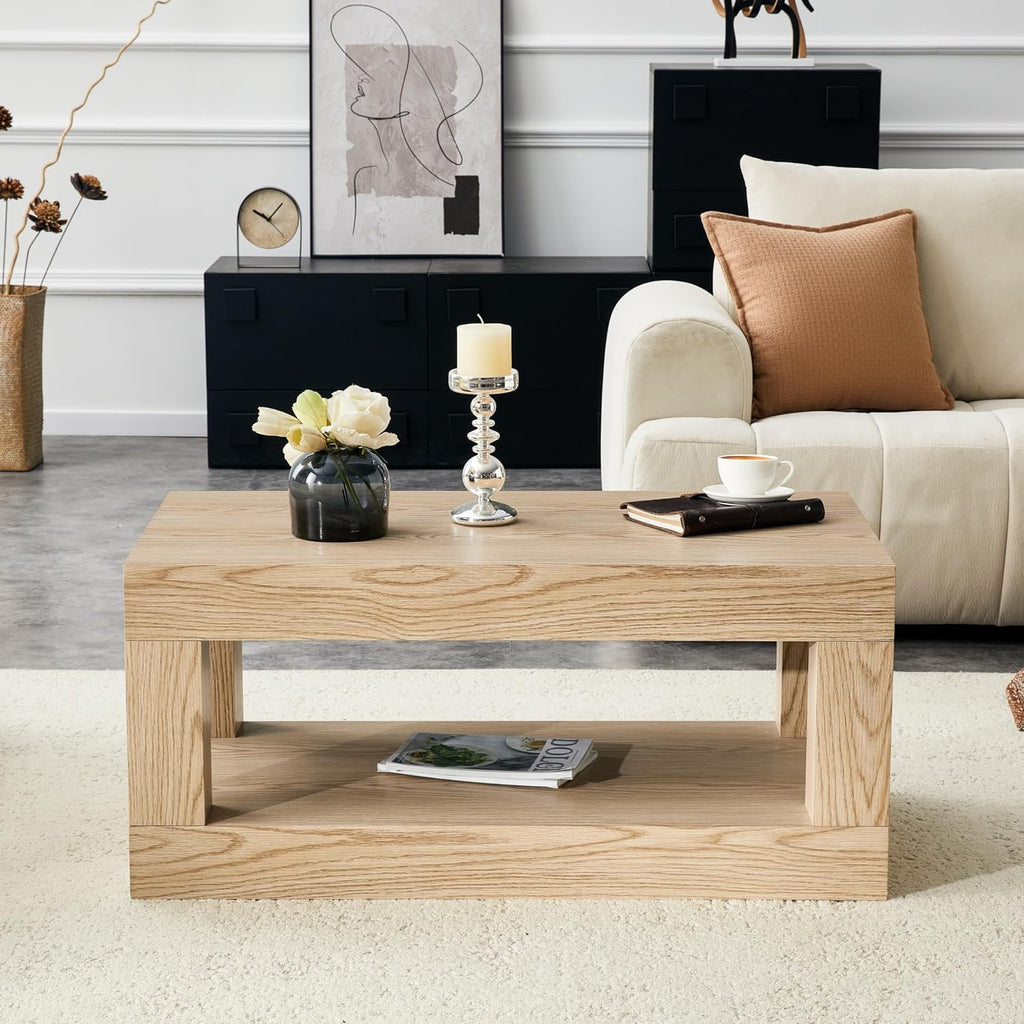 LKTART 39.37' Coffee Table with Storage, 2-Tier Mid Century Rectangular Accent Table with Thick Tabletop, Rustic Style Cocktail, Center Table for Living Room, Office, Apartment (Natural)