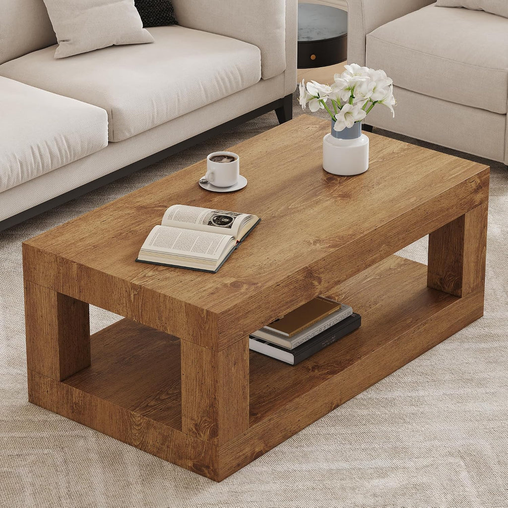 39.4' Coffee Table with Storage, 2-Tier Wood Coffee Table with 4' Thick Tabletop, Mid Century Modern Cocktail Center Tea Tables with Bottom Shelf for Living Room, Office, Apartment,Natural Wood