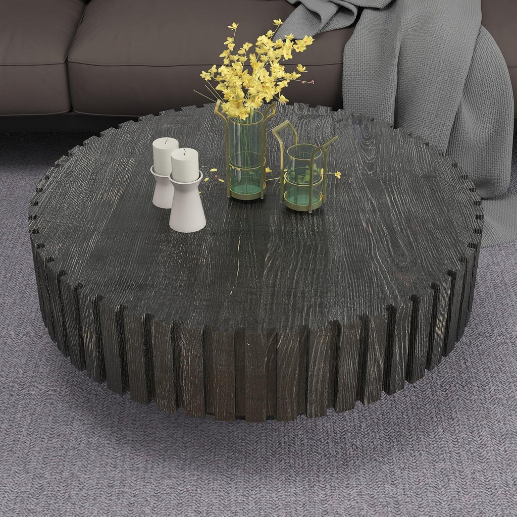 Round Coffee Table, 31.5' Circle Wood Center Table with Pedestal, Wood Coffee Tables for Living Room, Small Space, Office, Apartment, Easy Assembly, Black