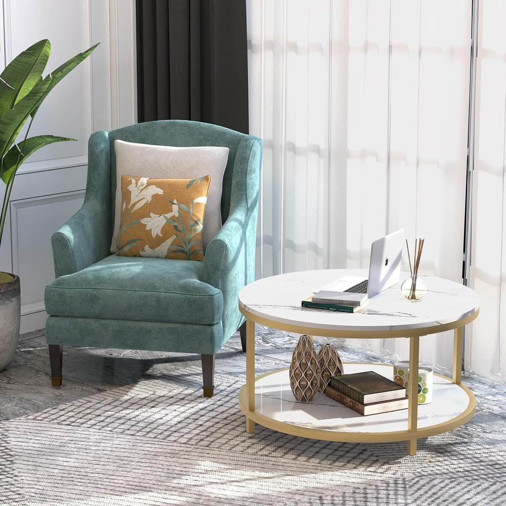 WiberWi Round Coffee Table 33.5' Coffee Tables for Living Room High Glossy Faux White Marble Top Modern Circle Table Sturdy Gold Metal Frame Legs Cocktail Table with Storage Open Shelf