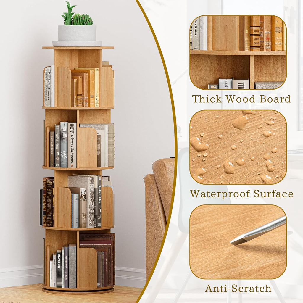 VDNEND Wooden 4 Tier Rotating Bookshelf, Spinning Bookshelf Tower,Modern Revolving Small Bookcase for Corner,Living Room,Bedroom (Natural Oak, 4-Tier)