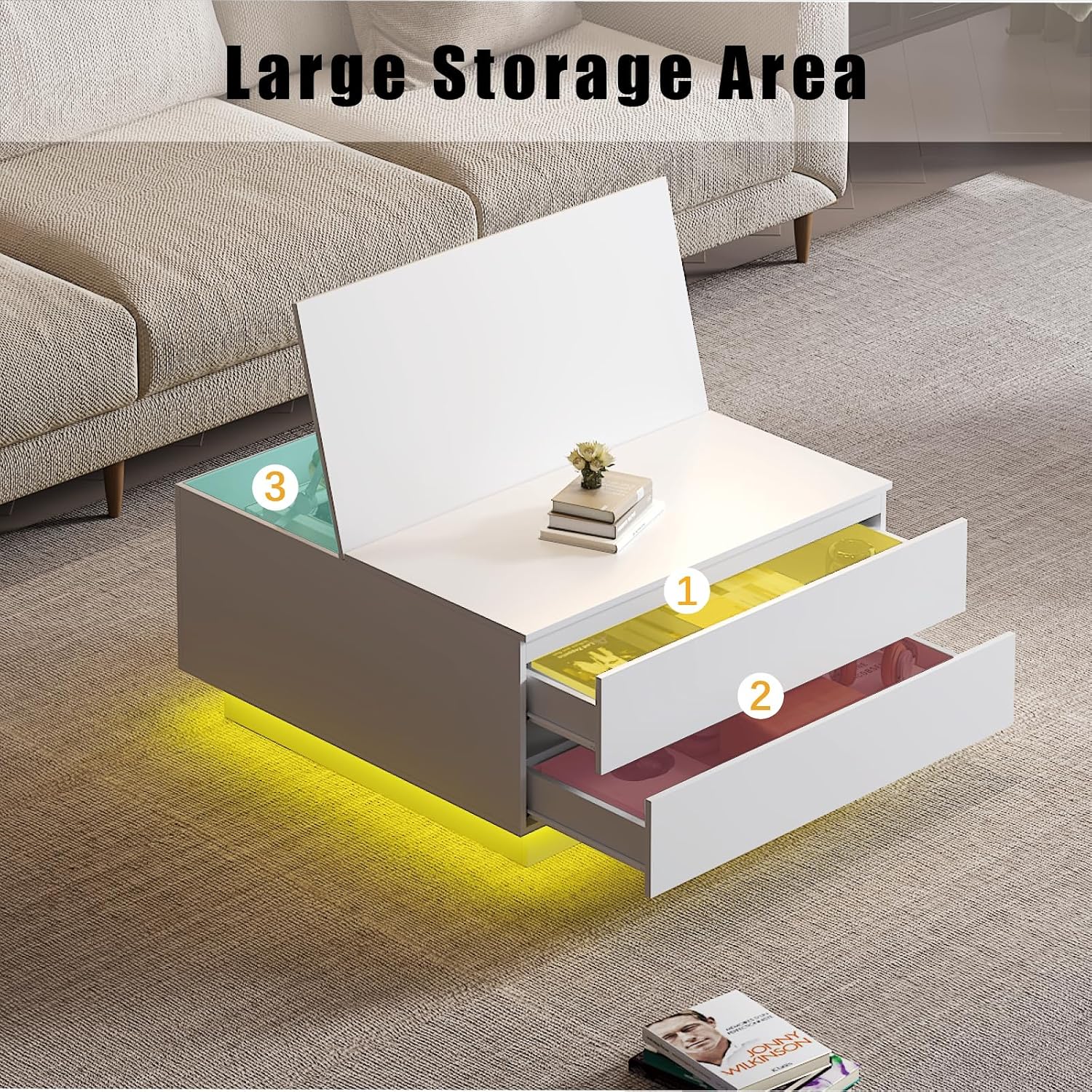 HedoAjim Square Coffee Tables with Storages, Modern White Coffee Table for Living Room, Flip Cover Coffee Tables and 2 Spacious Drawers, Coffee Table with LED Light