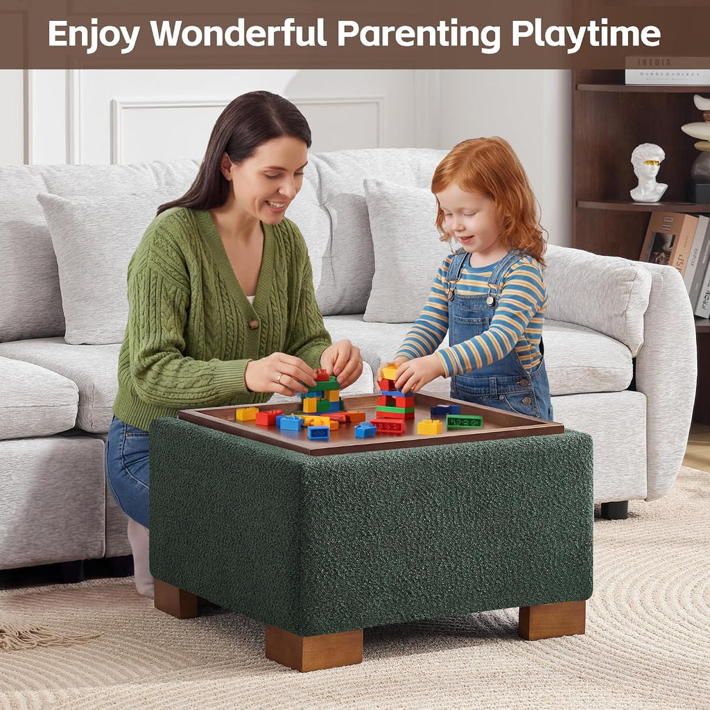 WUTUTUEE 24' Square Ottoman Coffee Table with Storage, Boucle Ottomans with Tray and Solid Wood Legs for Living Room, Bedroom and Apartments, Small Modern Ottoman Tea Table with Lift-Off Lid, Green