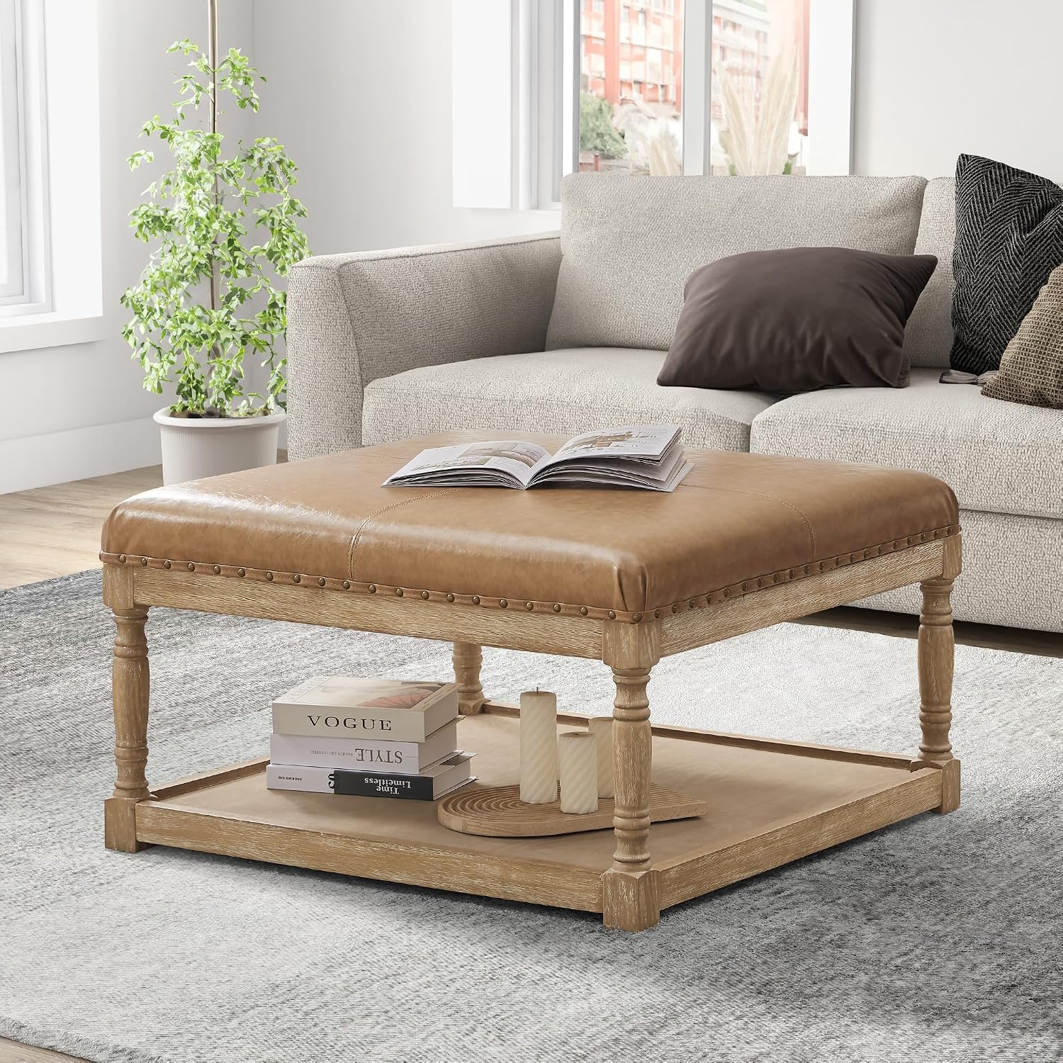 HUIMO 33-Inch Leather Ottoman Coffee Table, Large Ottoman with Shelf & Solid Wood Frame for Living Room (Light Brown)