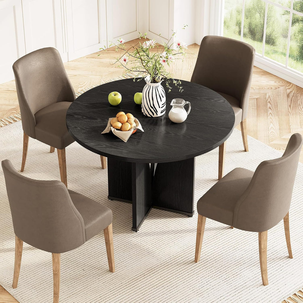 LITTLE TREE 39-Inch Dining Table for 4, Rustic Kitchen Table, Round Dining Table with X-Shaped Stable Pedestal, Farmhouse Dinner Table for Dining Room, Living Room, Black