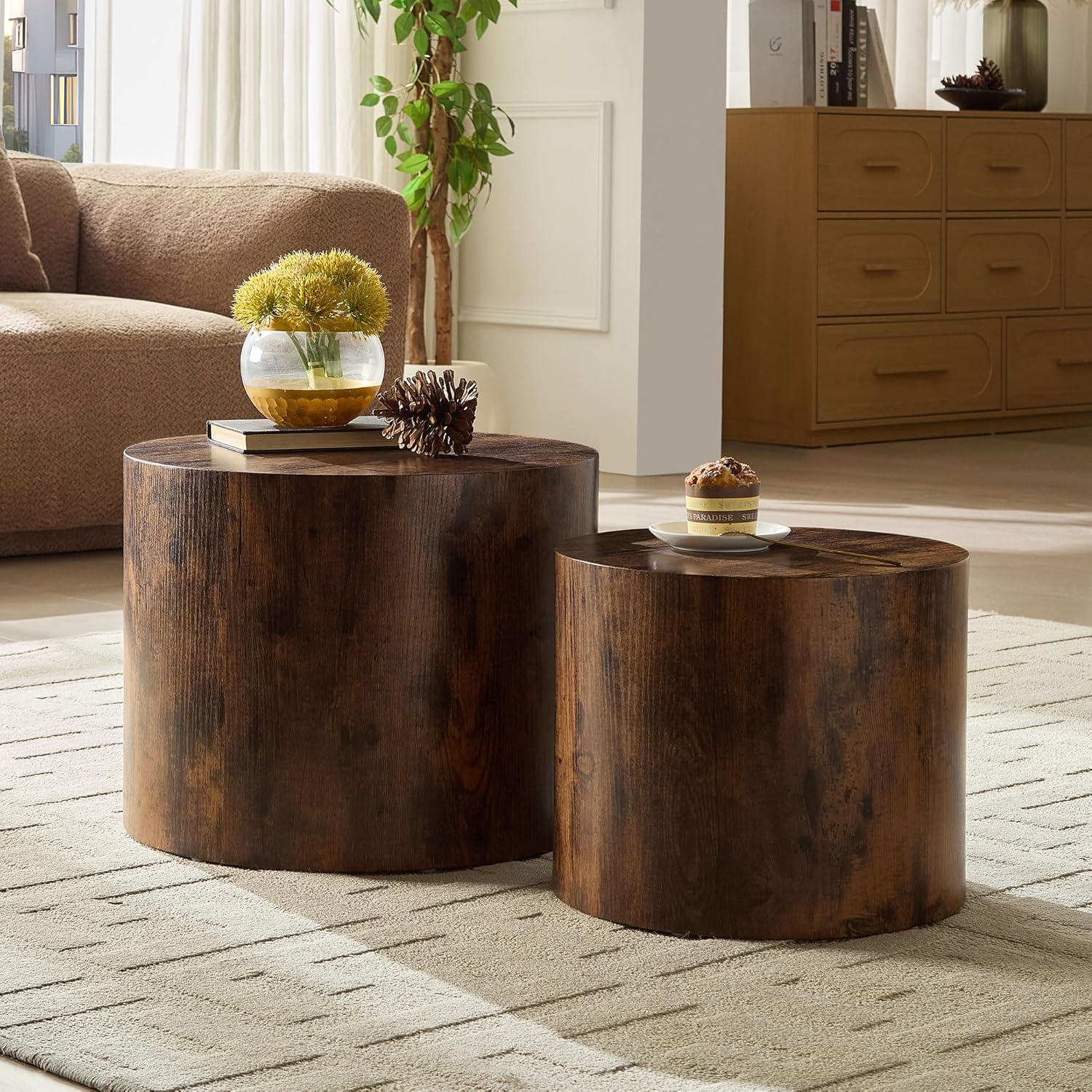 WILLIAMSPACE 18.9' Round Nesting Coffee Table Set of 2, Modern Wooden Coffee Tables Small Circle Center Table for Living Room, Accent End Table Set, No Assembling (Dark Brown)