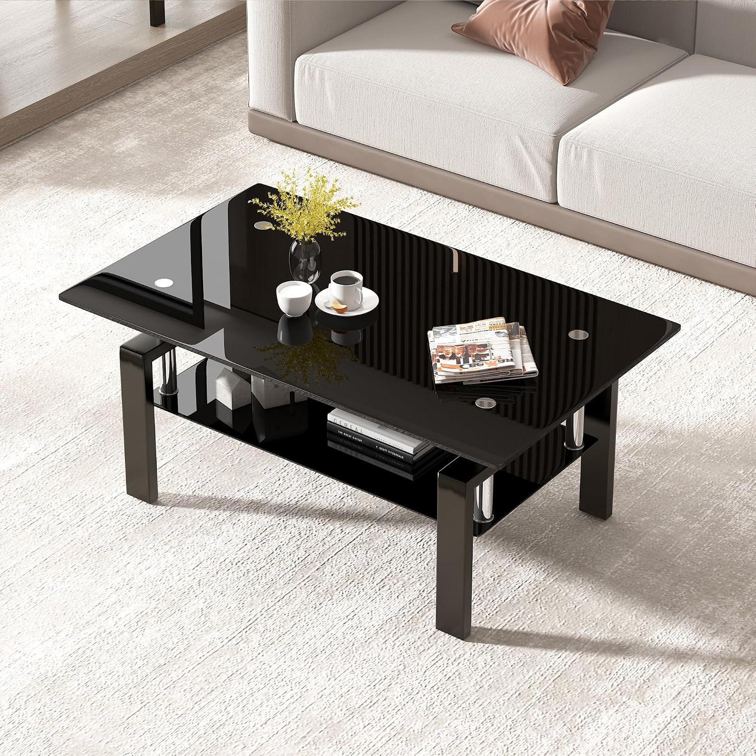 Modern Glass Coffee Table, 2-Tier Black Tempered Glass Tea Tables for Living Room, Rectangle 39.4' x 23.7' x 17.72' Stylish Center Coffee Table with Storage (Black One)