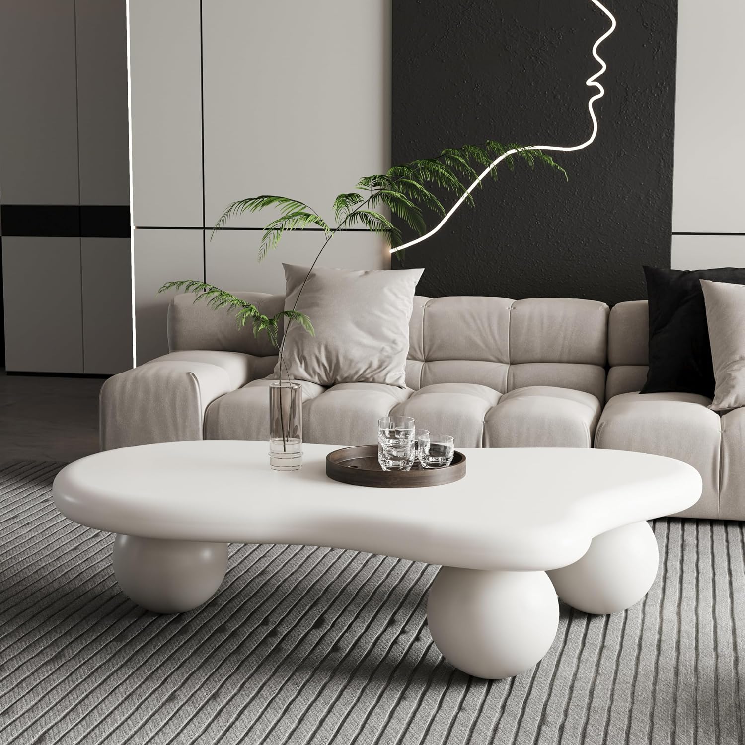 47.2' Cloud Coffee Table for Living Room Irregular Coffee Table Modern Low Coffee Tables Unique Center Table with 3 Ball Legs for Small Space Apartment Cream White