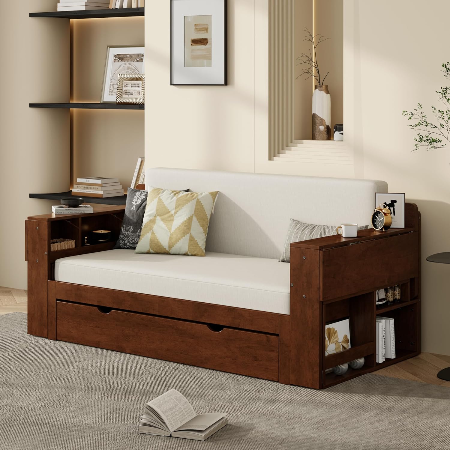 Wood Daybed Full Size with Removable Desk and Extendable Armrests, 4-in-1 Multifunctional Design Daybed Sofa Bed with Storage Drawers & Hydraulic Side Table (Espresso-11.27, Full)