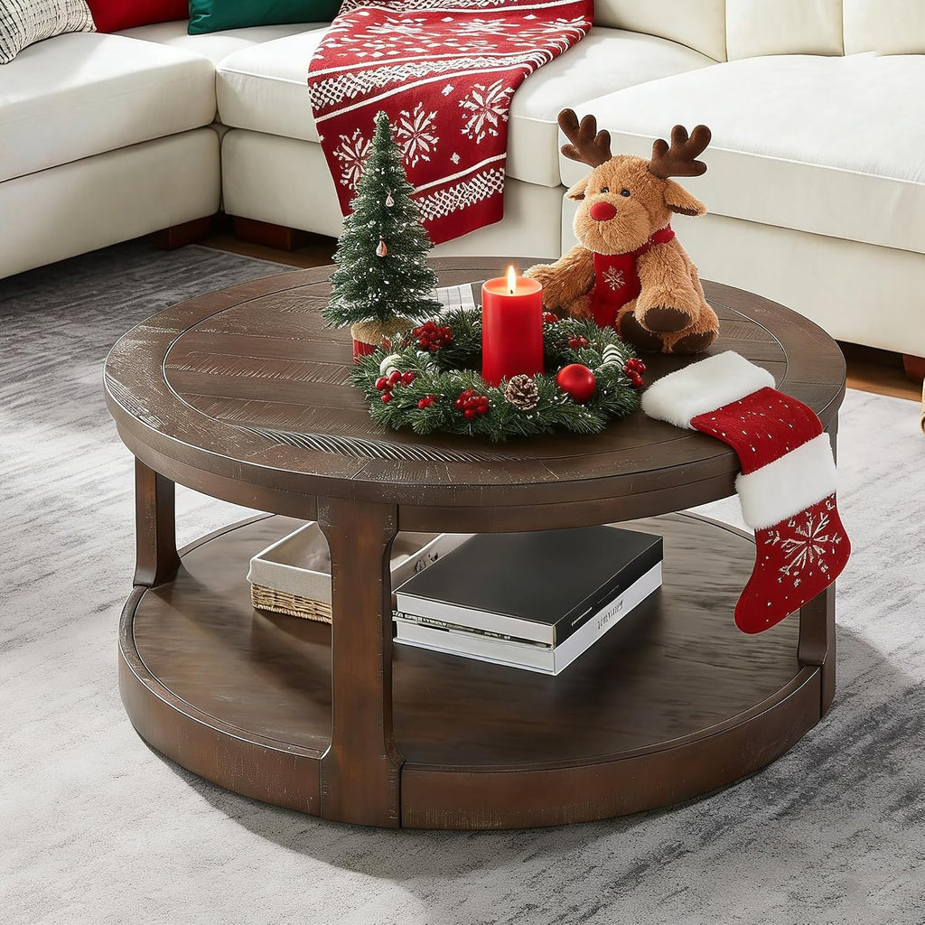 JUSTONE 40' Round Coffee Table for Living Room,2 Tier Traditional Round Circle Wooden Center Coffee Table,Rustic Industrial Coffee Table for Apartment, Easy Assembly (Brown)
