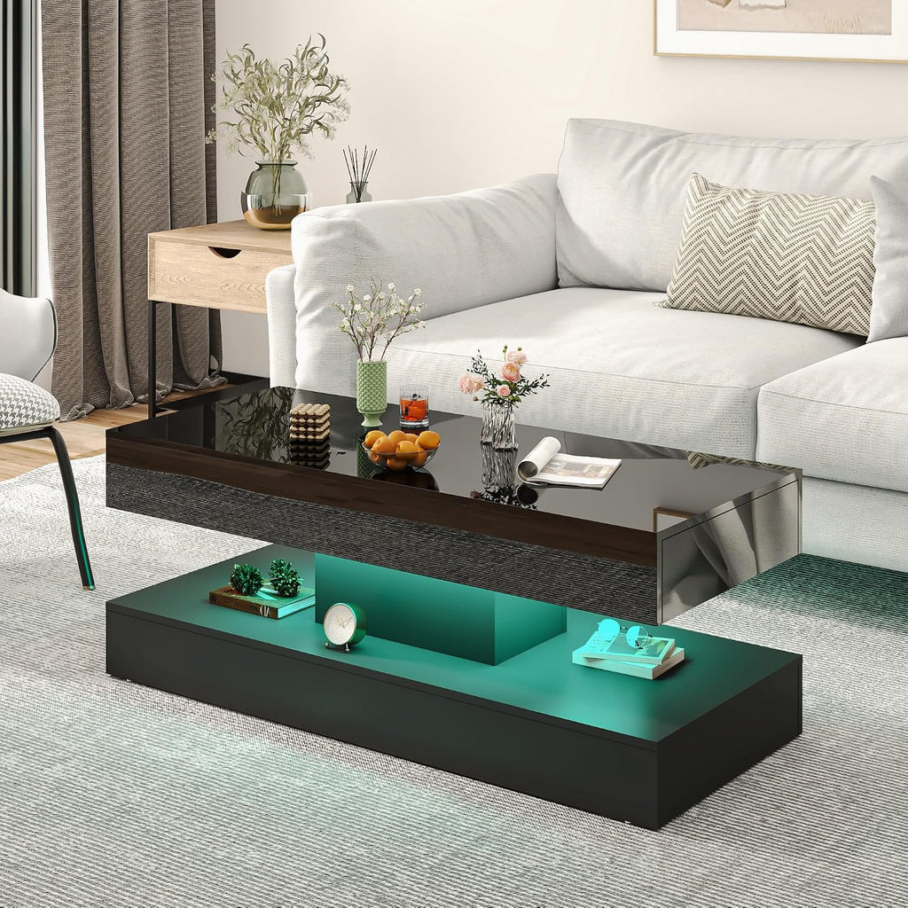 47.2' Modern High Glossy LED Coffee Table with 2 Sliding Storage Drawers, Black Living Room Tables for Living Rooms,Dining Room,Bedroom Home Office,APP LED Lights(Black)