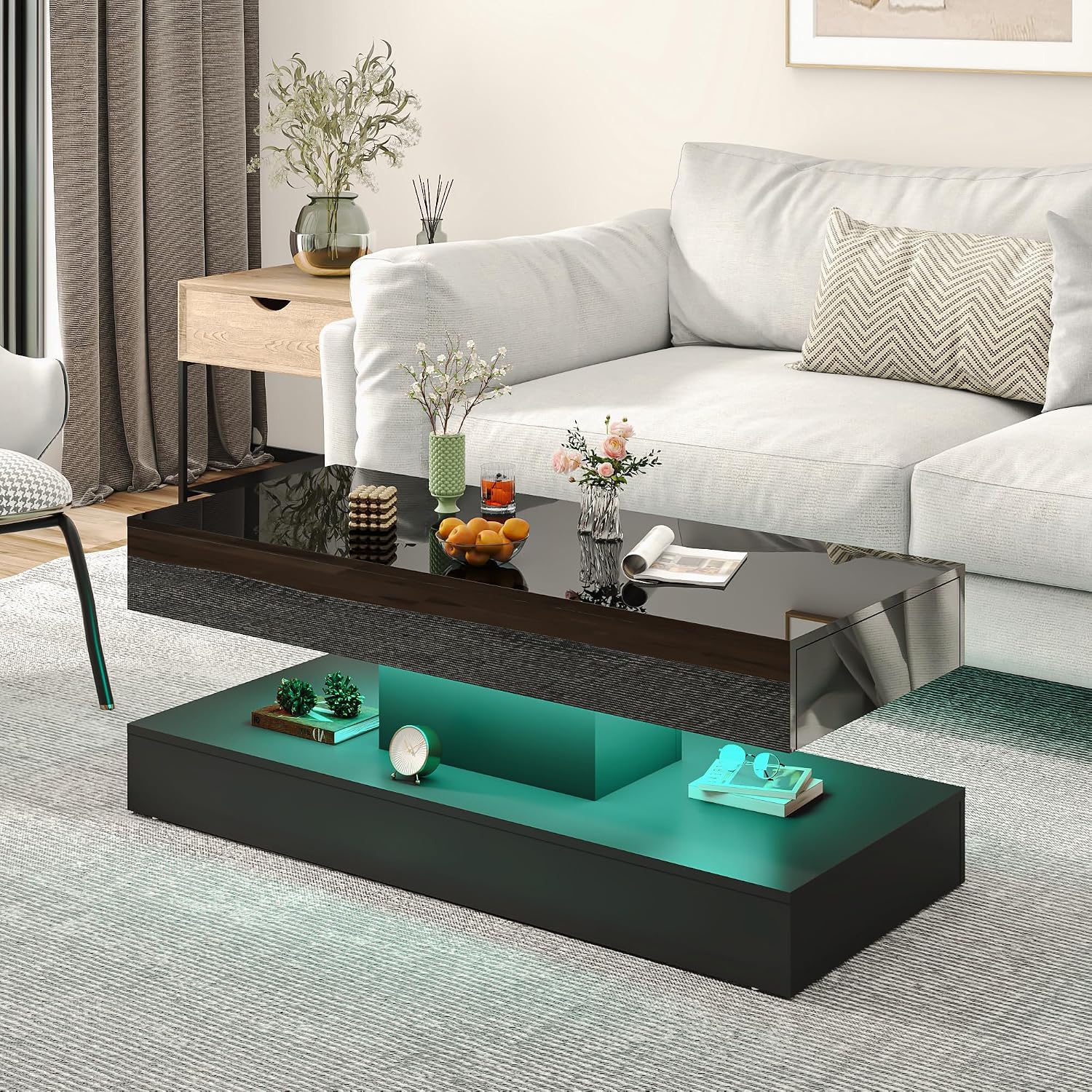 47.2' Modern High Glossy LED Coffee Table with 2 Sliding Storage Drawers, Black Living Room Tables for Living Rooms,Dining Room,Bedroom Home Office,APP LED Lights(Black)