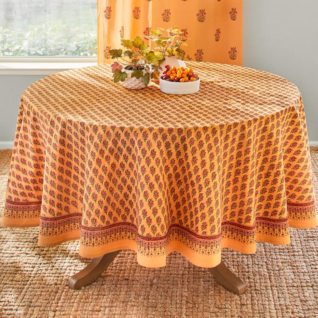 Saffron Marigold Round Hand Block Printed Tablecloth - Orange Indian Summer Luxurious 100% Cotton, Washable, for Home Decor, Kitchen, Coffee Or Dining Table 90 Inch