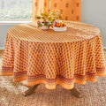 Saffron Marigold Round Hand Block Printed Tablecloth - Orange Indian Summer Luxurious 100% Cotton, Washable, for Home Decor, Kitchen, Coffee Or Dining Table 90 Inch