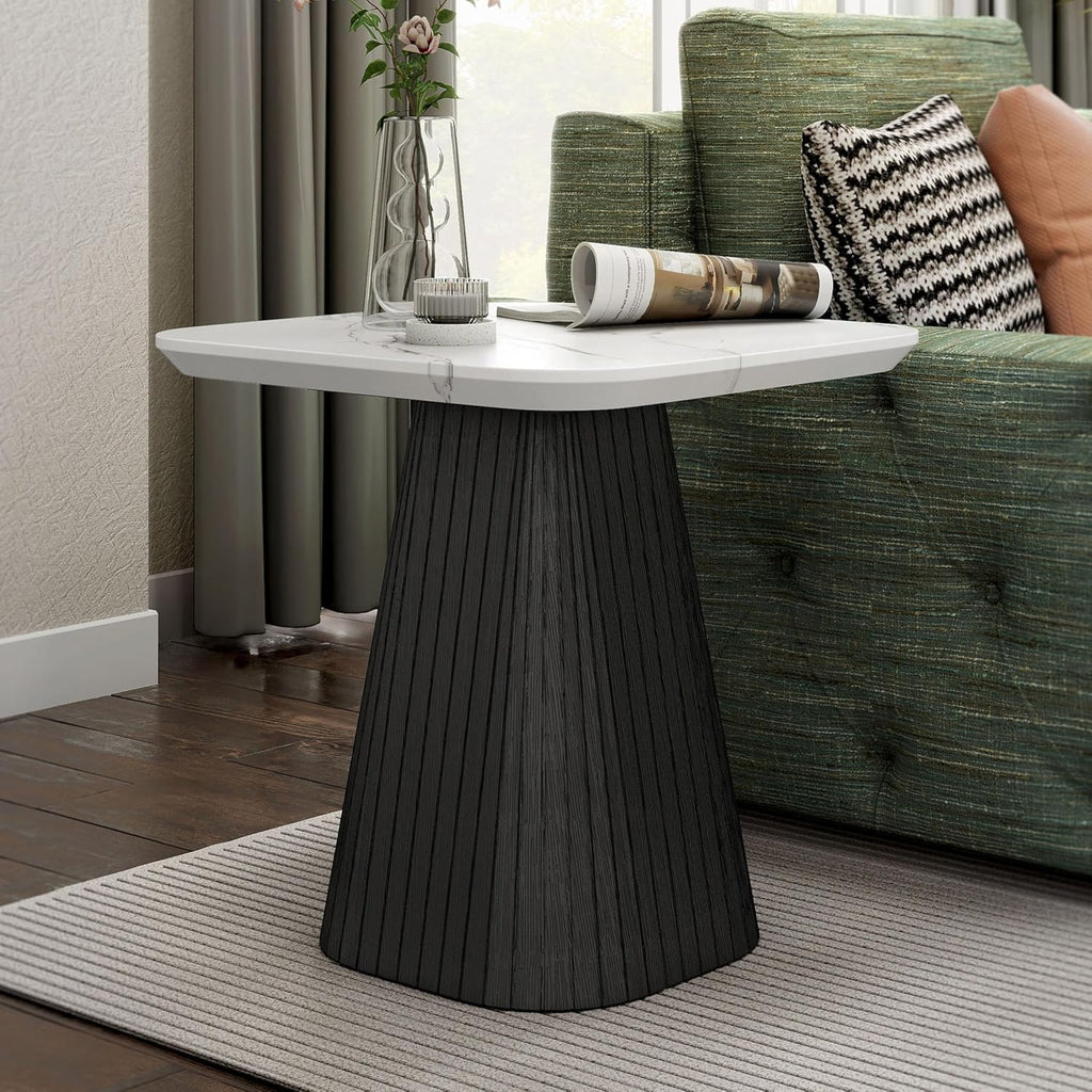 Furniture of America Coraly Modern 22-inch Square End Table with High Gloss Faux Marble Top and Fluted Pedestal Base, Wooden Nightstand for Small Space, Living Room, Home Office, Black and White