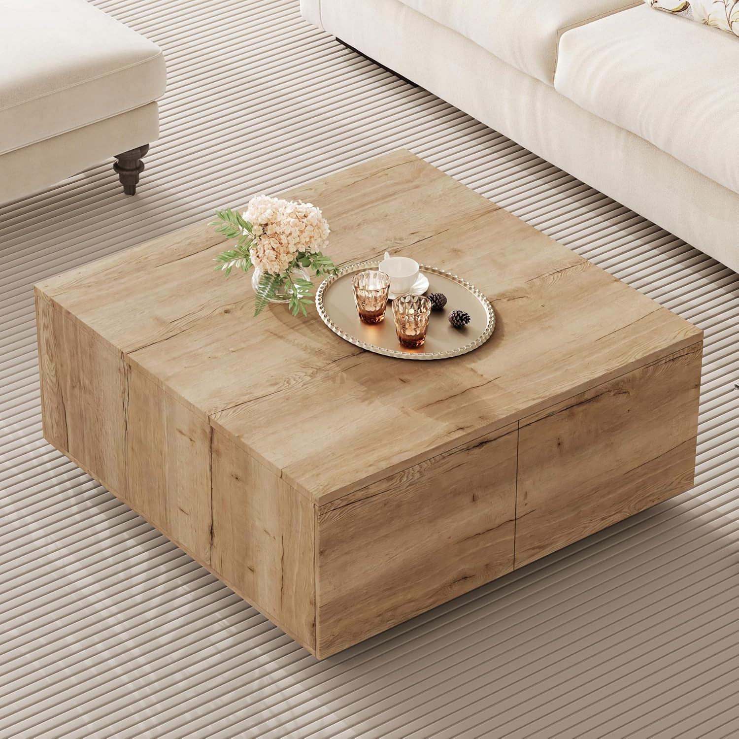 SSLine Square Coffee Table with 4 Storage Drawers,33.2-Inch Natural Wooden Coffee Table for Living Room Minimalist Cocktail Center Tables for Small Space