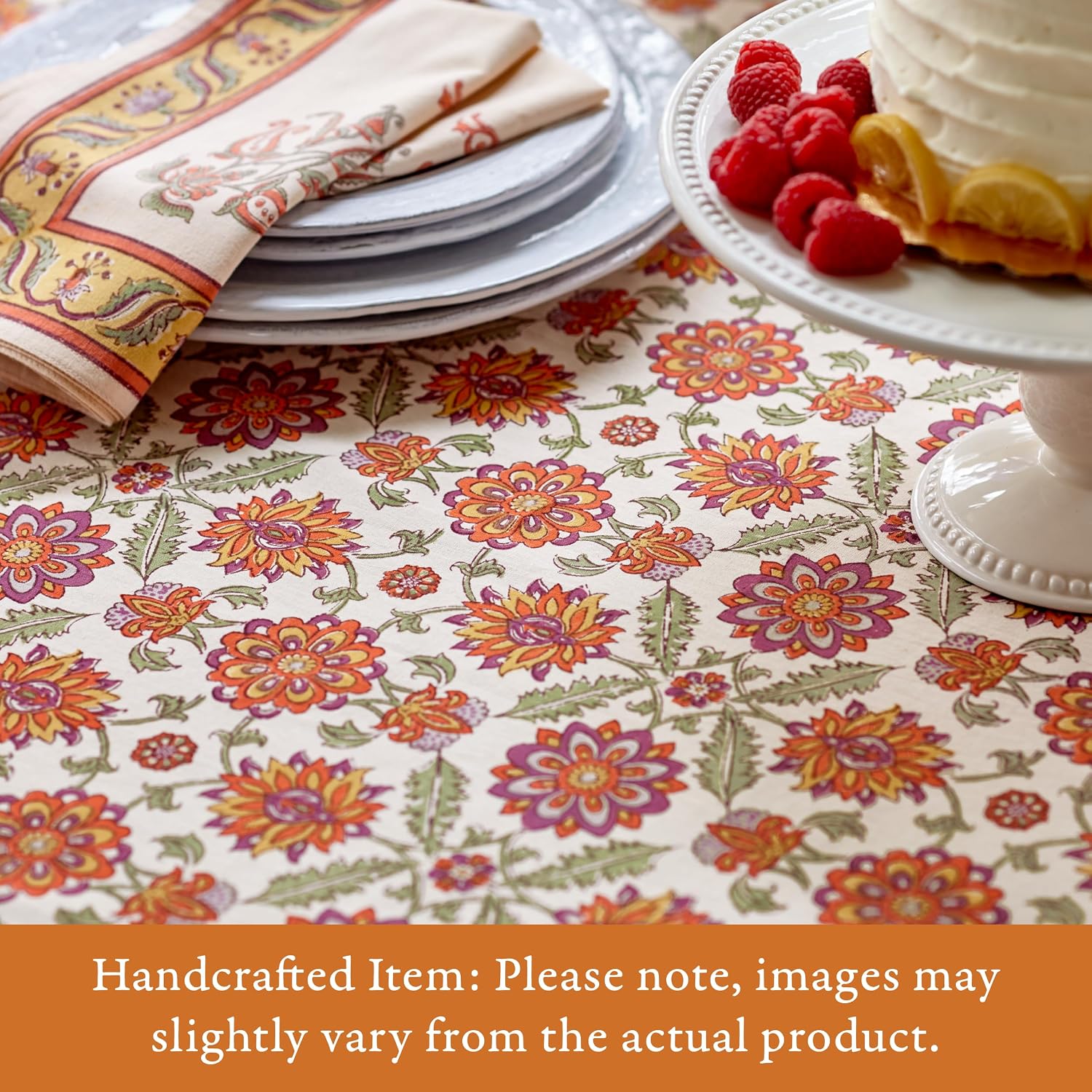 Saffron Marigold Round Hand Block Printed Tablecloth - Orange Blossom Luxurious 100% Cotton, Washable, for Home Decor, Kitchen, Coffee Or Dining Table 90 Inch