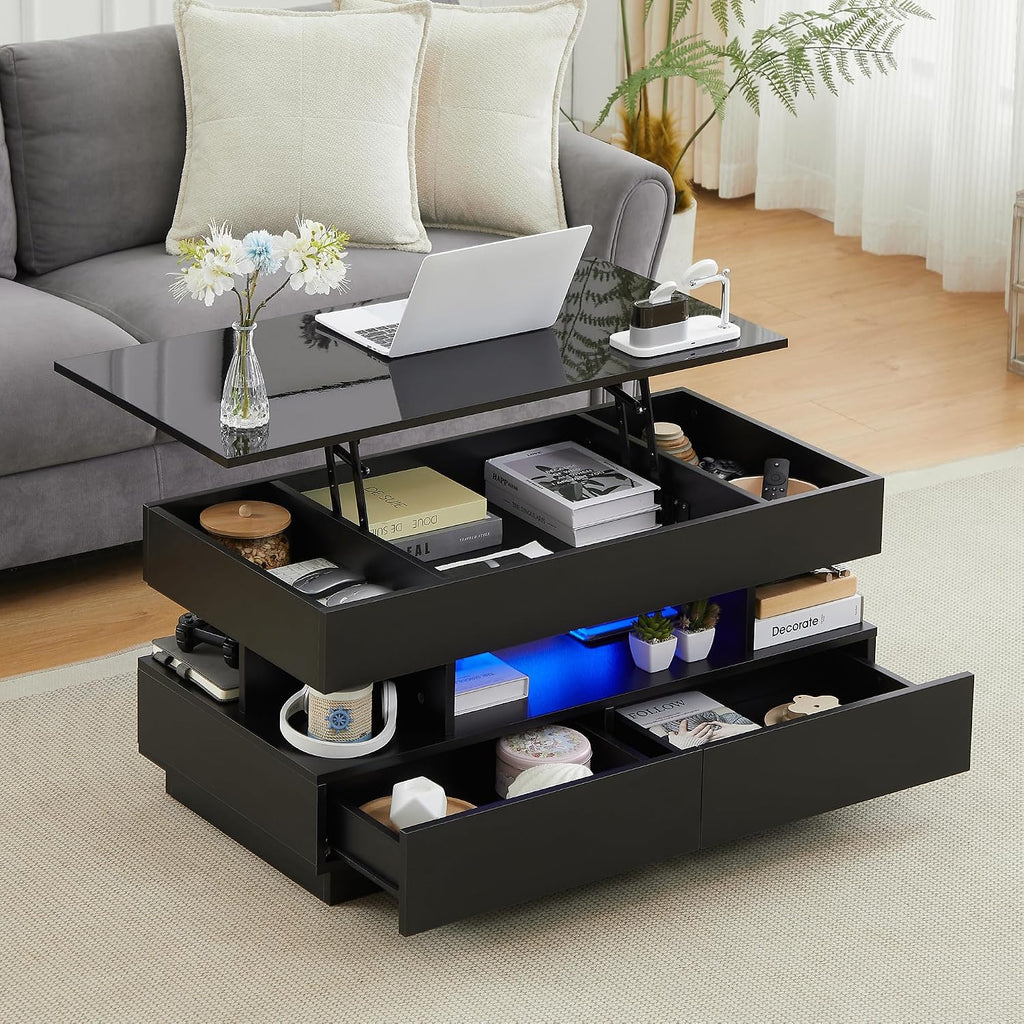 Lift Top Coffee Table, Modern Coffee Table with Hidden Compartment and Ajustable LED Light, Lift Tabletop Dining Center Table with 2 Storage Drawers for Living Room, Office (Black)