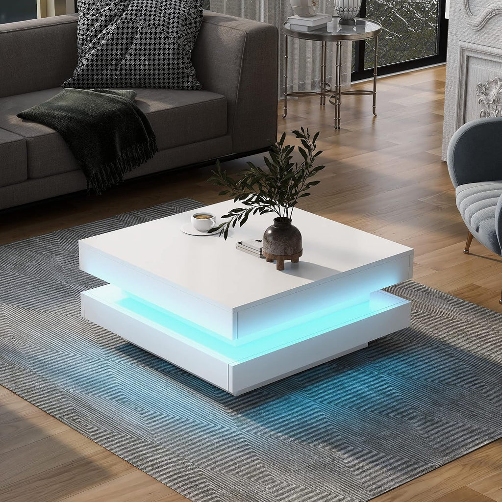 Harper & Bright Designs Coffee Table High Gloss Center Table with 16-Color LED Lights, 2-Tier Square Coffee Table, Cocktail End Table for Living Room (White)